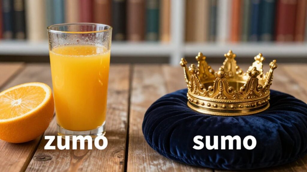 Comparación visual entre un vaso de zumo de naranja sobre madera y una corona dorada sobre un cojín de terciopelo.