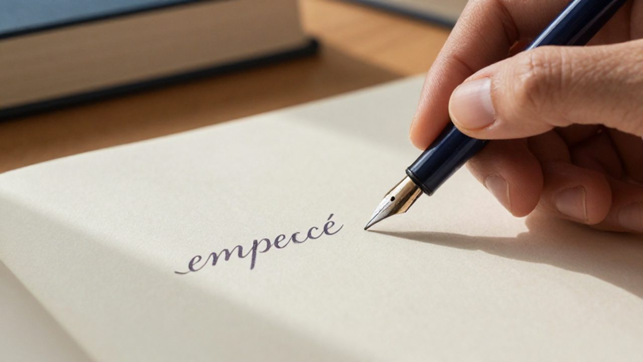 Una mano escribe con una pluma estilográfica la palabra "empecé" sobre un papel crema en un escritorio de estudio.