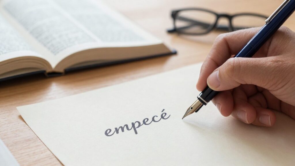 Una mano escribe la palabra "empecé" con una pluma estilográfica sobre una hoja de papel en un escritorio de estudio.