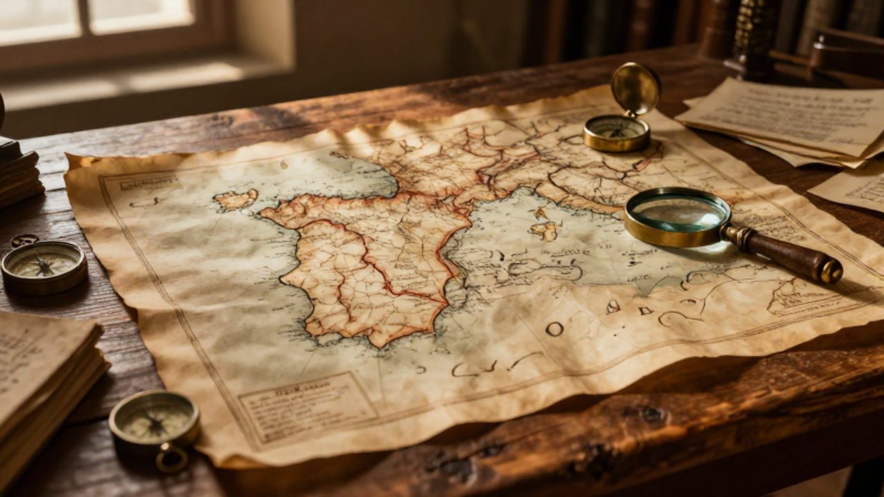 Mapa antiguo de la península ibérica y el océano Atlántico sobre una mesa de madera acompañado de una brújula y documentos históricos.
