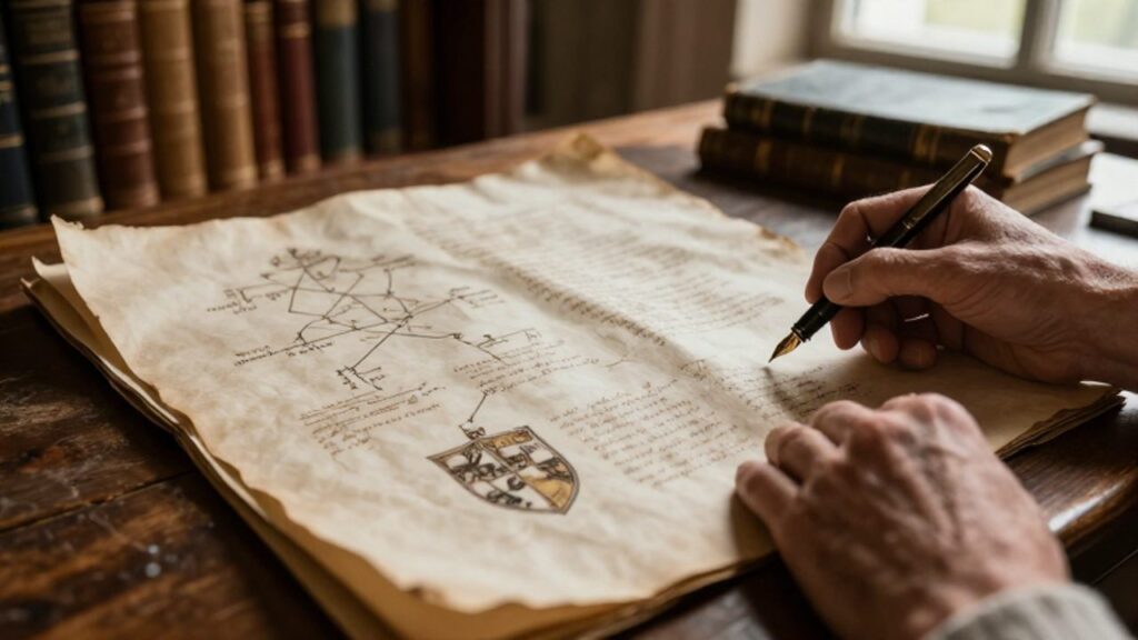 Manos de un erudito escribiendo en un pergamino antiguo con un árbol genealógico y un escudo heráldico sobre un escritorio de madera.