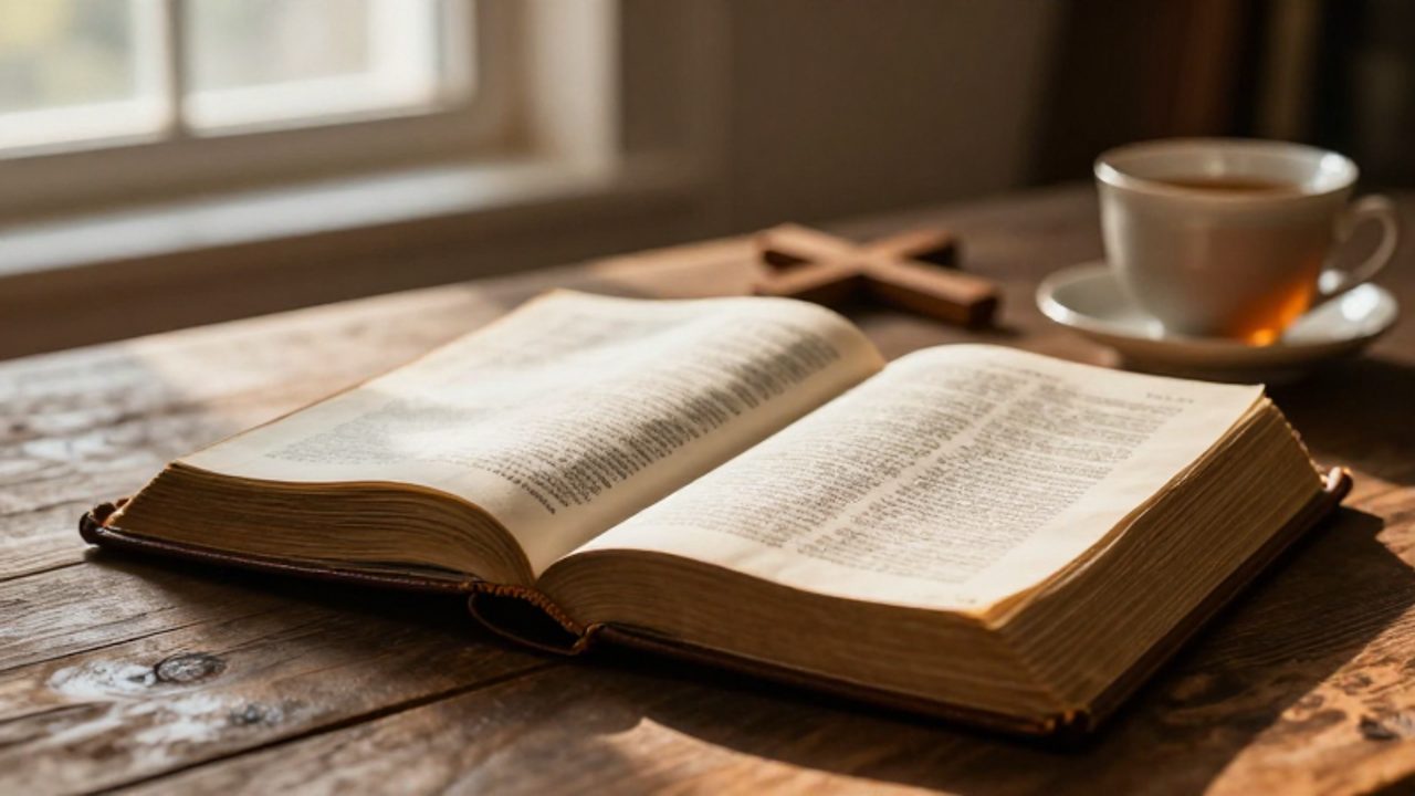 Biblia abierta sobre una mesa de madera junto a una cruz pequeña y una taza de té en un ambiente tranquilo y luminoso.