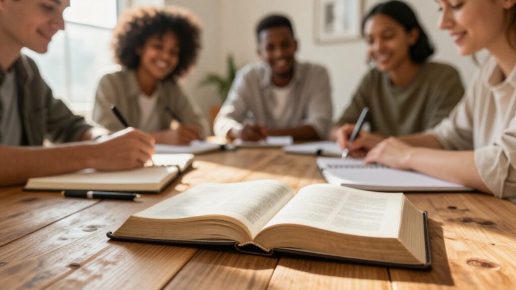 Grupo de jóvenes sonrientes compartiendo un estudio bíblico alrededor de una mesa con una Biblia abierta y cuadernos de notas.