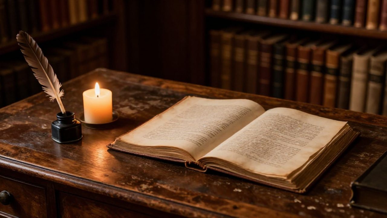 Manuscrito antiguo abierto sobre un escritorio de madera junto a una vela y una pluma en una biblioteca clásica.
