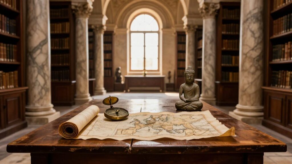 Objetos históricos como un mapa de pergamino, una brújula de bronce y una pequeña estatua de Buda sobre una mesa de madera en una biblioteca antigua iluminada por el sol.