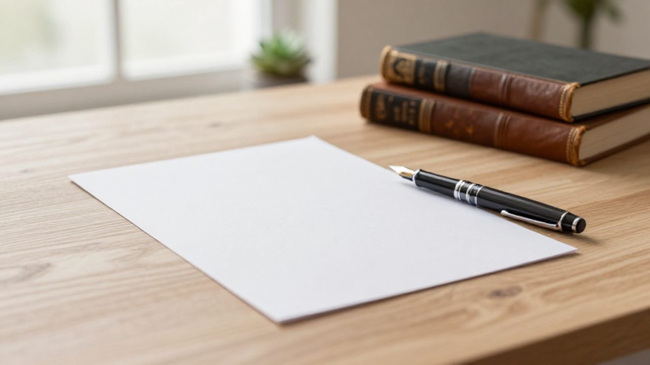 Pluma estilográfica sobre una hoja de papel en blanco junto a una pila de libros antiguos sobre un escritorio de madera.