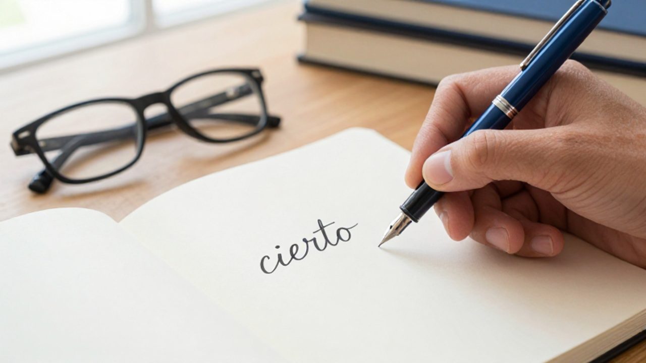 Una mano escribe la palabra "cierto" con pluma estilográfica sobre un cuaderno en un escritorio ordenado.