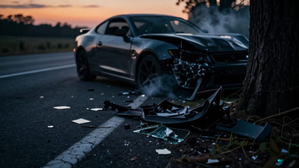 Restos de un coche deportivo oscuro tras un choque contra un árbol en una carretera al atardecer, con escombros esparcidos sobre el asfalto.