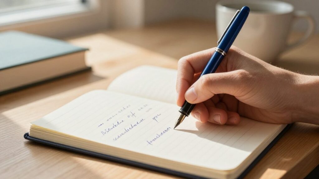 Primer plano de una persona escribiendo con una pluma estilográfica en un cuaderno sobre un escritorio de madera.