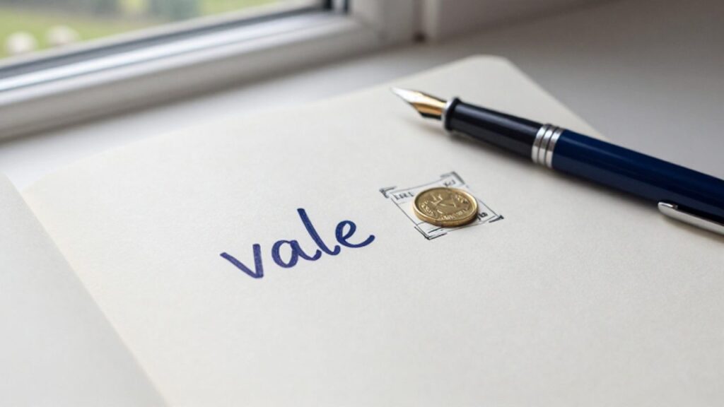 Pluma estilográfica sobre un cuaderno donde se lee la palabra "vale" junto al dibujo de una moneda.