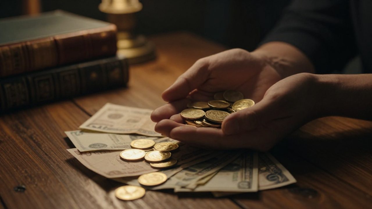 Unas manos sostienen y examinan monedas doradas y billetes antiguos esparcidos sobre una mesa de madera en un entorno cálido y tenue.