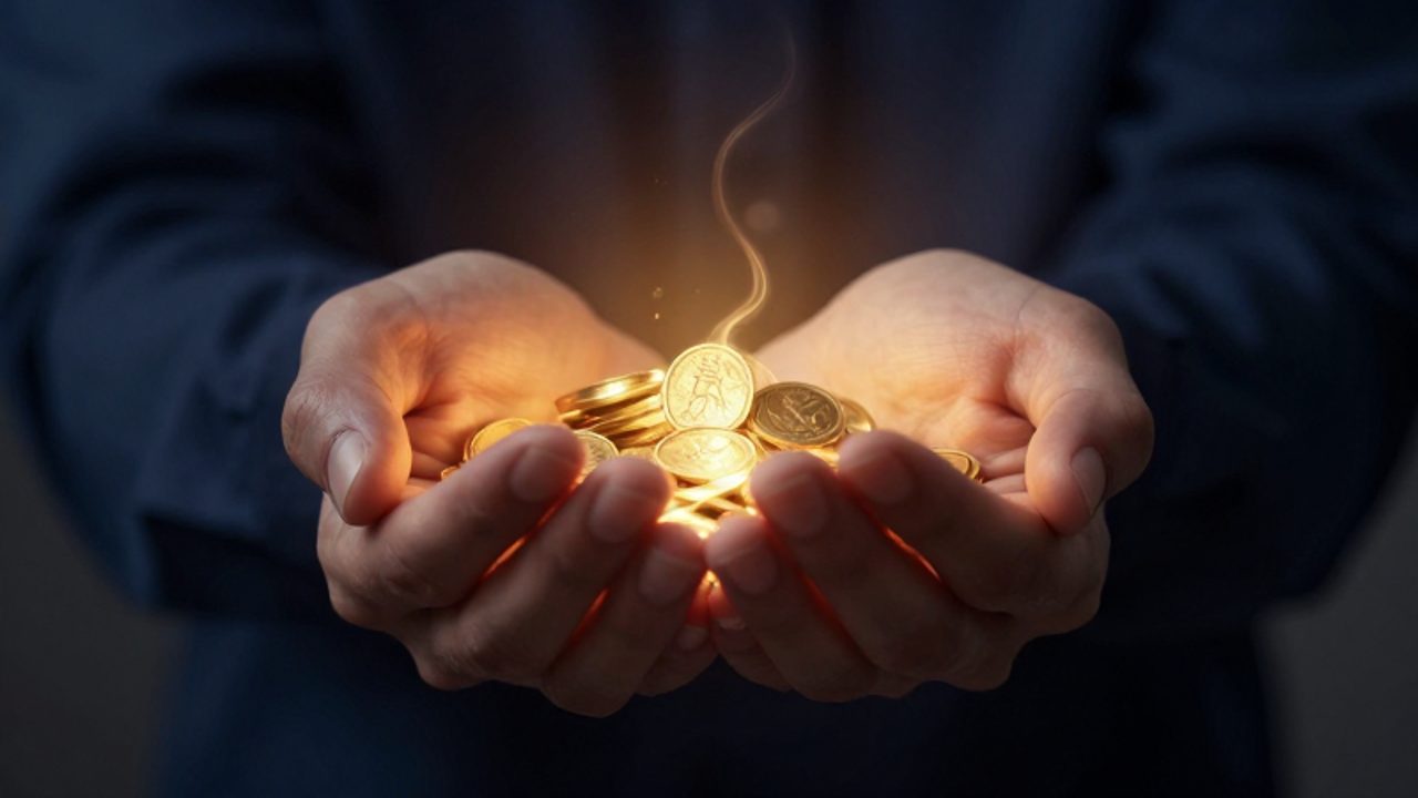 Unas manos sostienen una luz brillante que se transforma en monedas doradas sobre un fondo de tonos azul profundo y ámbar.