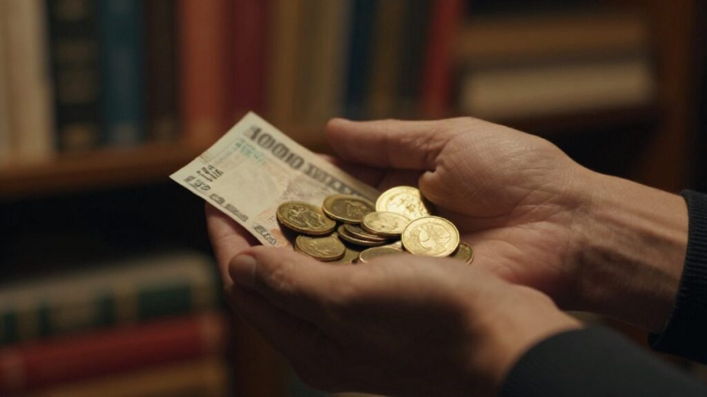 Unas manos sujetan con cuidado monedas de oro y billetes gastados en un entorno de estudio tenue y acogedor.