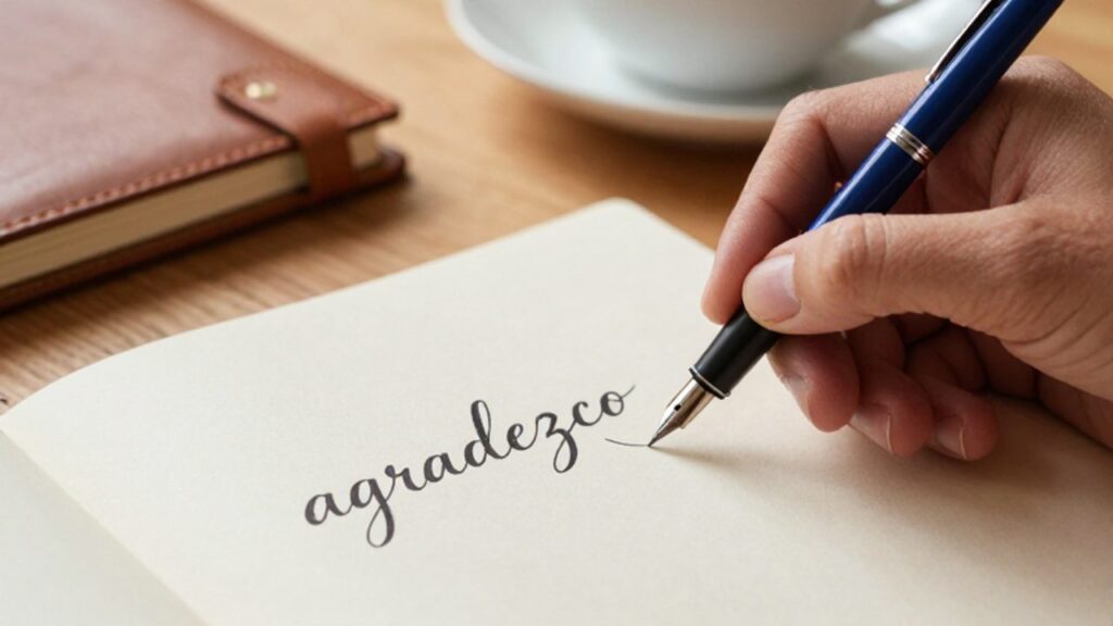 Una mano escribe la palabra "agradezco" con una pluma estilográfica sobre un papel texturizado en un escritorio de madera.