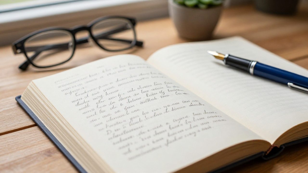 Un libro antiguo abierto sobre un escritorio de madera con una pluma estilográfica y frases escritas a mano subrayadas para resaltar su estructura gramatical.