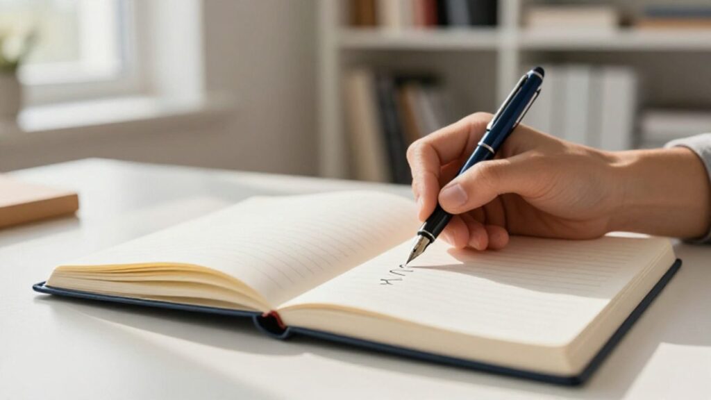 Una mano escribe con una pluma estilográfica en un cuaderno abierto sobre un escritorio ordenado en un ambiente de estudio.