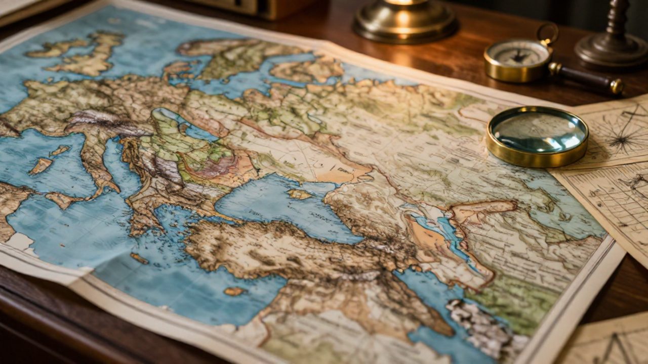 Mapa físico detallado de Turquía sobre una mesa de madera, resaltando la península de Anatolia, la región de Tracia y la conexión entre Asia y Europa a través de los estrechos.