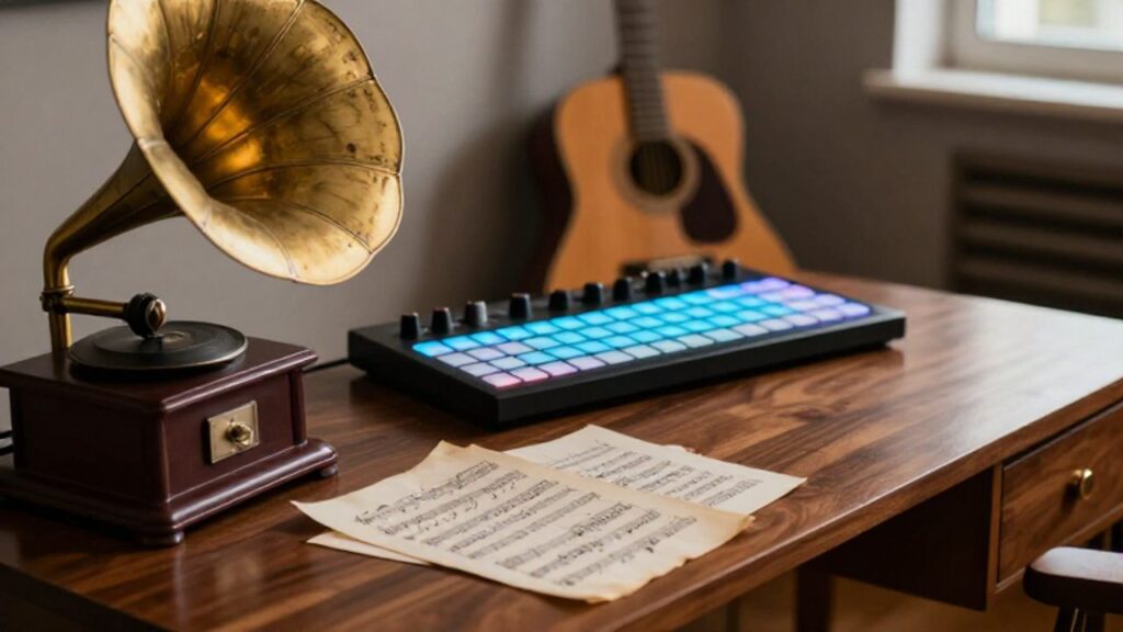 Un gramófono antiguo y partituras junto a un controlador MIDI moderno y una guitarra sobre un escritorio de madera en un estudio musical.