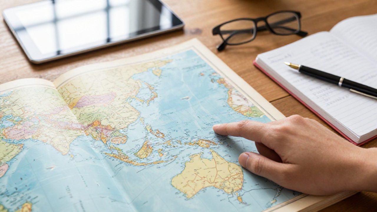Un dedo señala una ubicación específica en el mapa de un atlas antiguo junto a una tableta digital sobre un escritorio de madera.