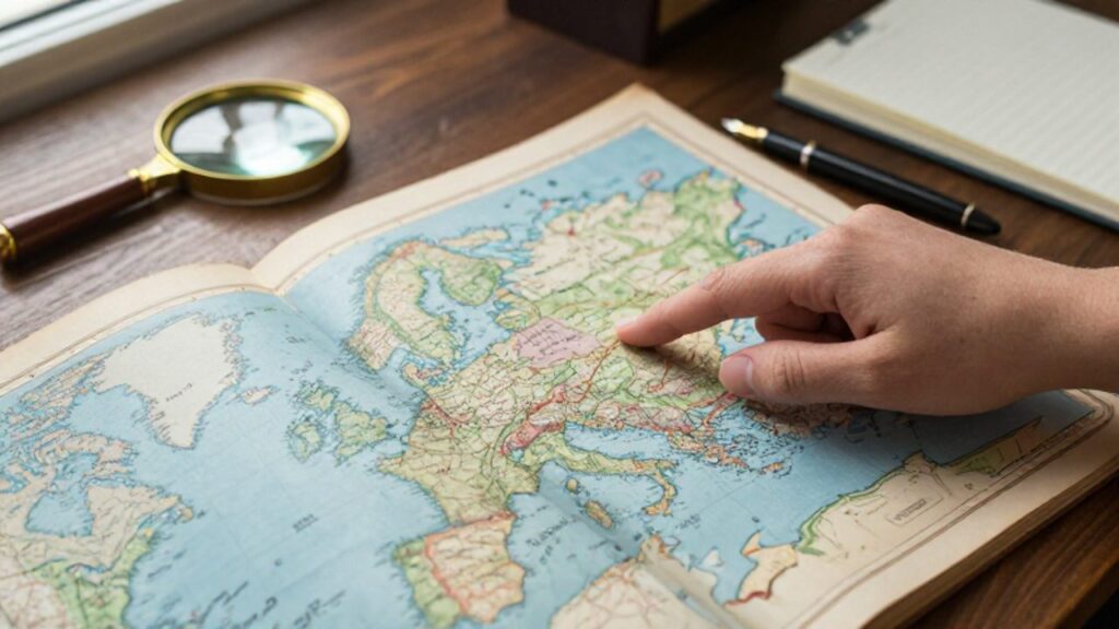 Un dedo señala en un atlas antiguo sobre un escritorio de madera, destacando regiones geográficas entre una lupa y una pluma.