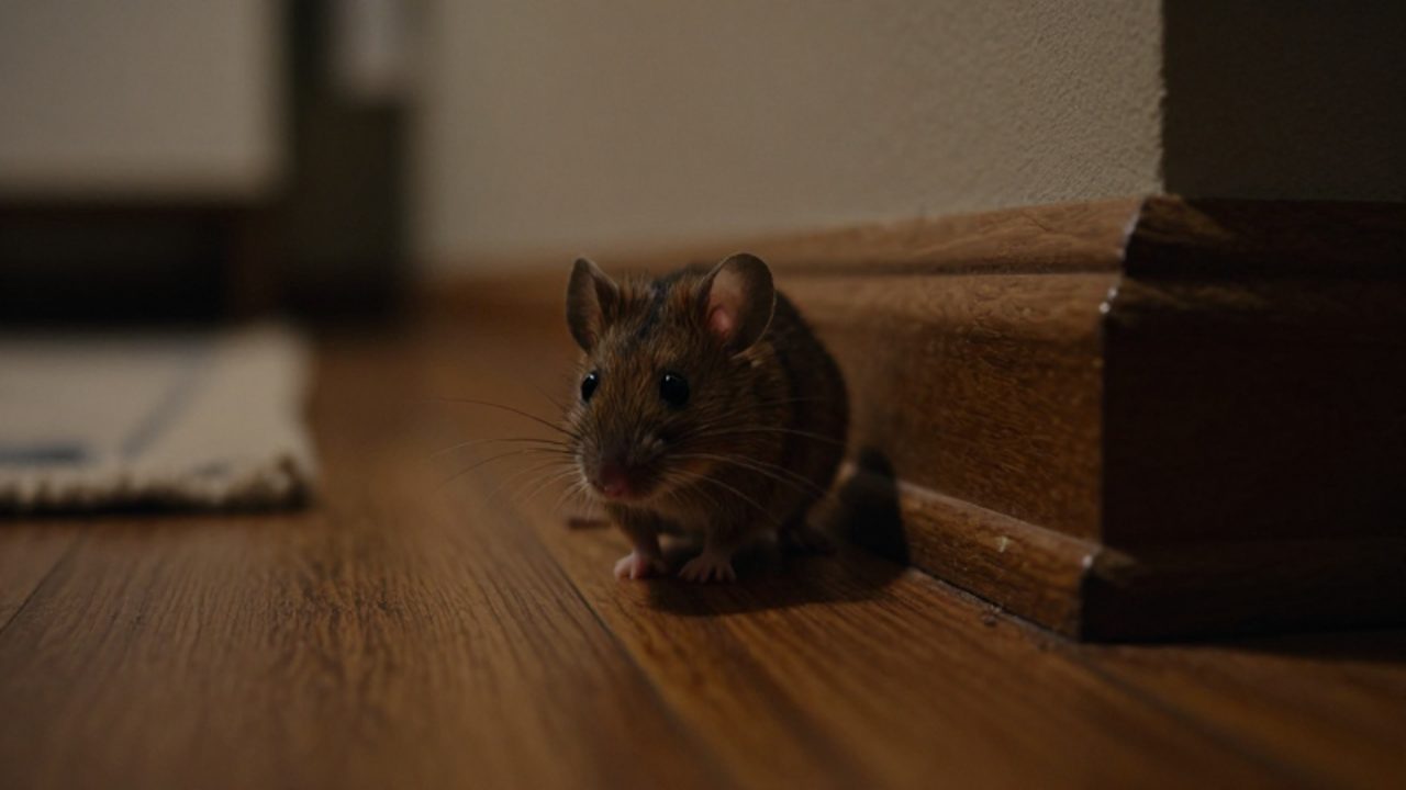 Un pequeño ratón de campo asoma con cautela desde la sombra de un rincón de madera en el interior de una casa.