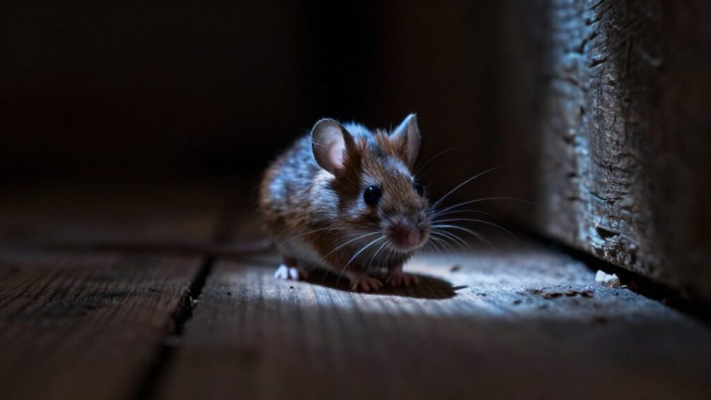 Un pequeño ratón de campo asoma cautelosamente desde la sombra de un suelo de madera en una habitación tenuemente iluminada.