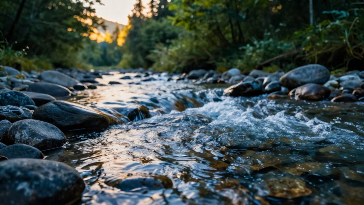 Agua cristalina fluyendo rápidamente sobre piedras oscuras en un río de montaña rodeado de vegetación bajo la luz del atardecer.