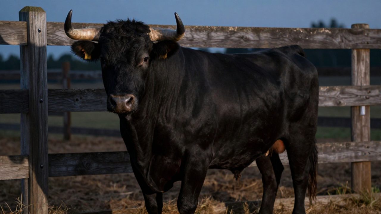 Un toro negro de gran musculatura permanece tranquilo dentro de un corral de madera en un entorno de campo al atardecer.
