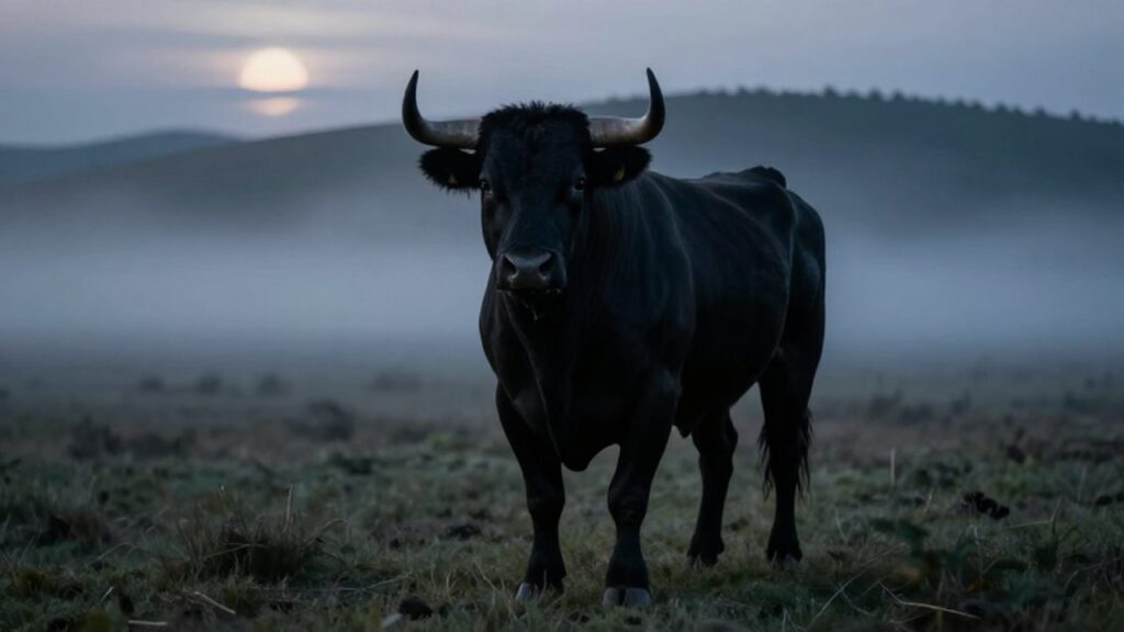 Un toro negro de gran tamaño permanece inmóvil en medio de una pradera rodeada de niebla al atardecer.