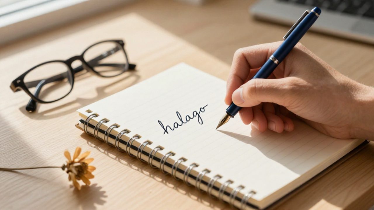 Una mano escribe con pluma estilográfica la palabra "halago" en un cuaderno sobre un escritorio de madera iluminado por luz natural.