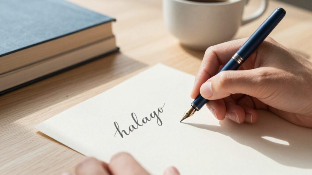 Manos escribiendo la palabra "halago" con caligrafía elegante usando una pluma estilográfica sobre un papel texturizado.