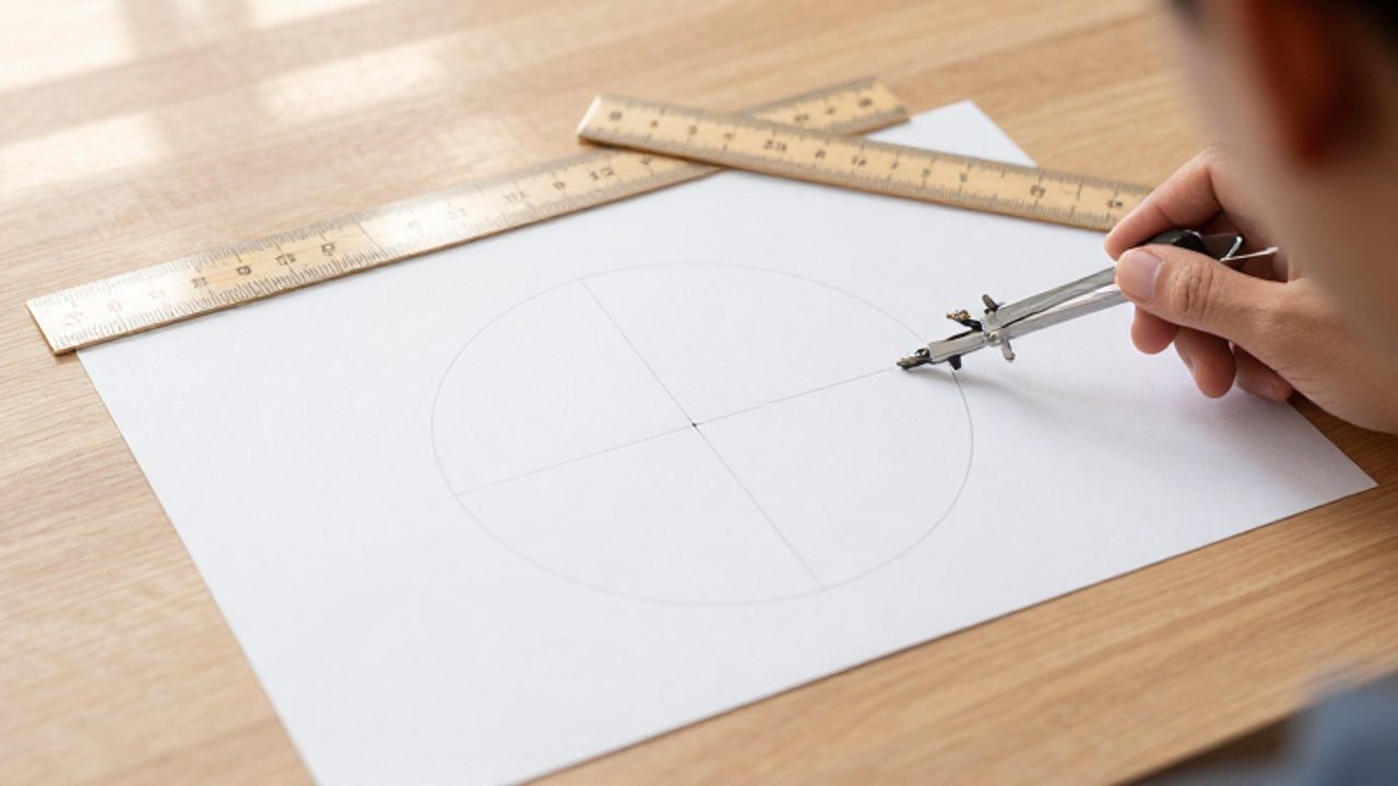 Un compás y una regla sobre un papel de dibujo donde se muestra un círculo con una línea trazada que representa su diámetro.