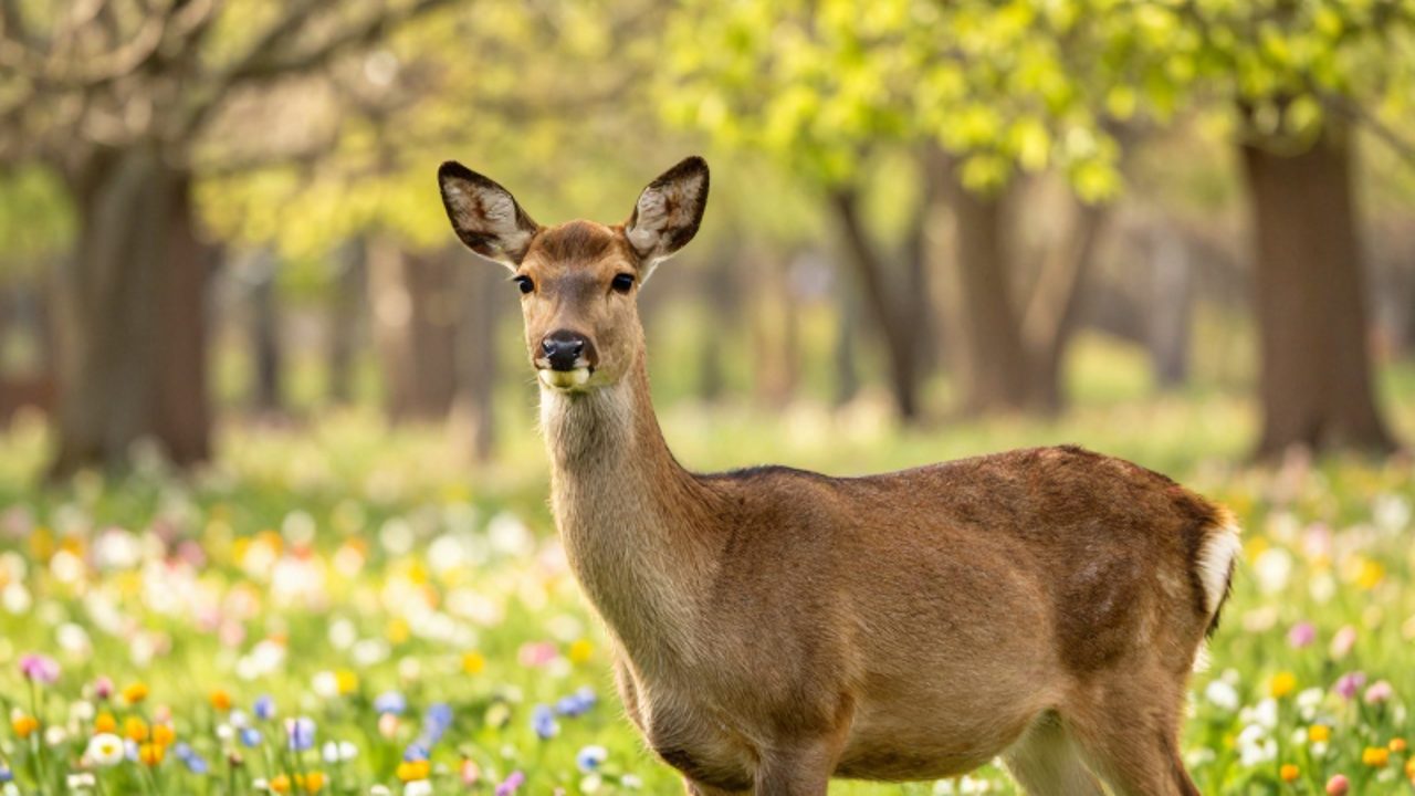 Un ciervo se mantiene erguido en un prado de flores silvestres bajo la luz de una mañana de primavera.