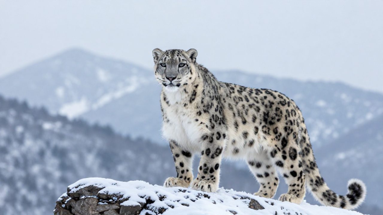 Leopardo de las nieves sobre una roca en un paisaje montañoso invernal bajo una atmósfera neblinosa.