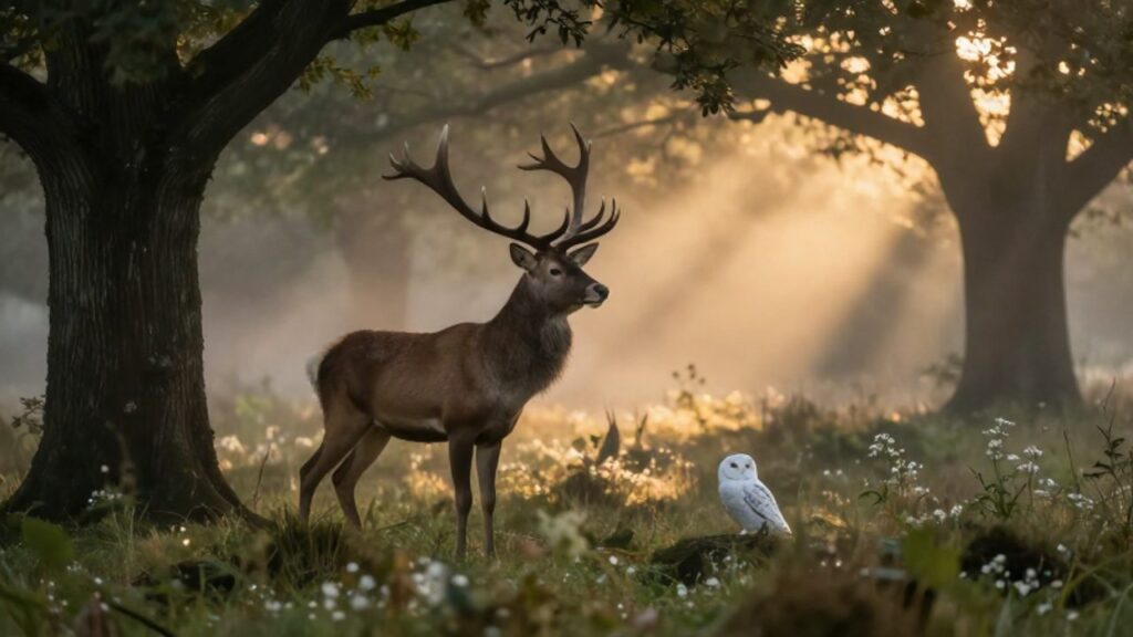 Un ciervo majestuoso y un búho blanco entre la niebla de un bosque místico al amanecer.