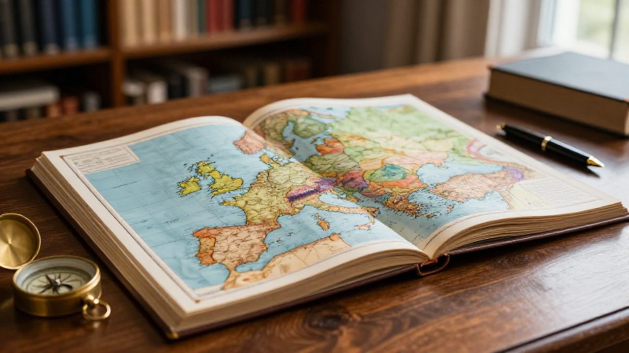 Mapa detallado de Europa Occidental y Central en un atlas antiguo sobre un escritorio de madera junto a una brújula de latón.