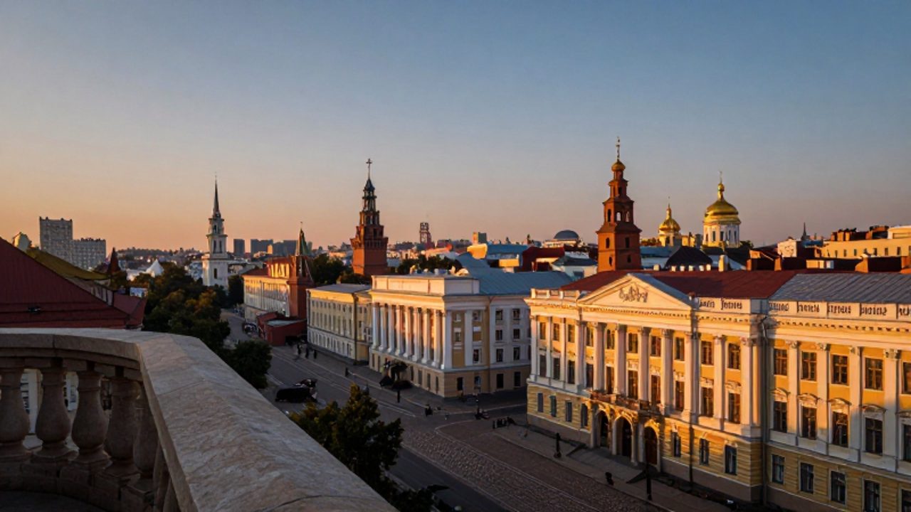 Vista panorámica de un paisaje urbano histórico en Europa del Este con edificios neoclásicos y torres de cúpulas bulbosas bajo la luz del atardecer.