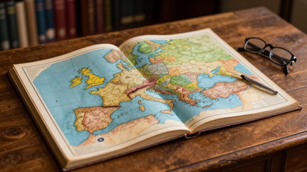 Atlas antiguo abierto sobre un escritorio de madera que muestra mapas coloridos del continente europeo junto a unas gafas y una pluma.
