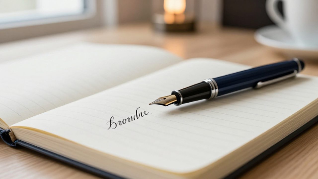 Pluma estilográfica escribiendo caligrafía cursiva en un cuaderno abierto sobre un escritorio de oficina.
