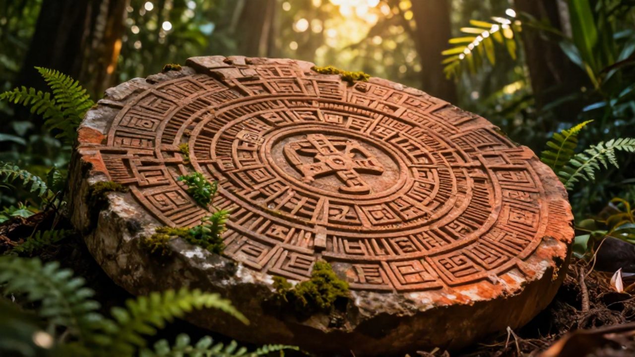 Tabla de piedra antigua con glifos del calendario maya entre vegetación de la selva.
