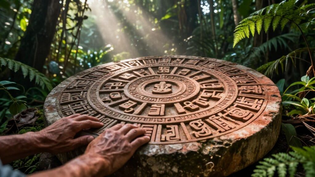 Manos de un investigador reposan junto a los grabados detallados de un antiguo calendario maya de piedra en medio de una selva tropical.