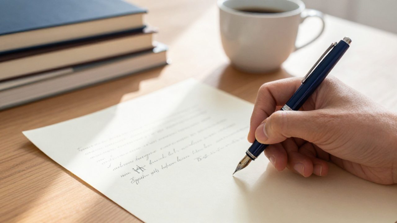 Una mano sostiene una pluma estilográfica sobre un papel para tachar una palabra redundante y corregir un texto escrito.
