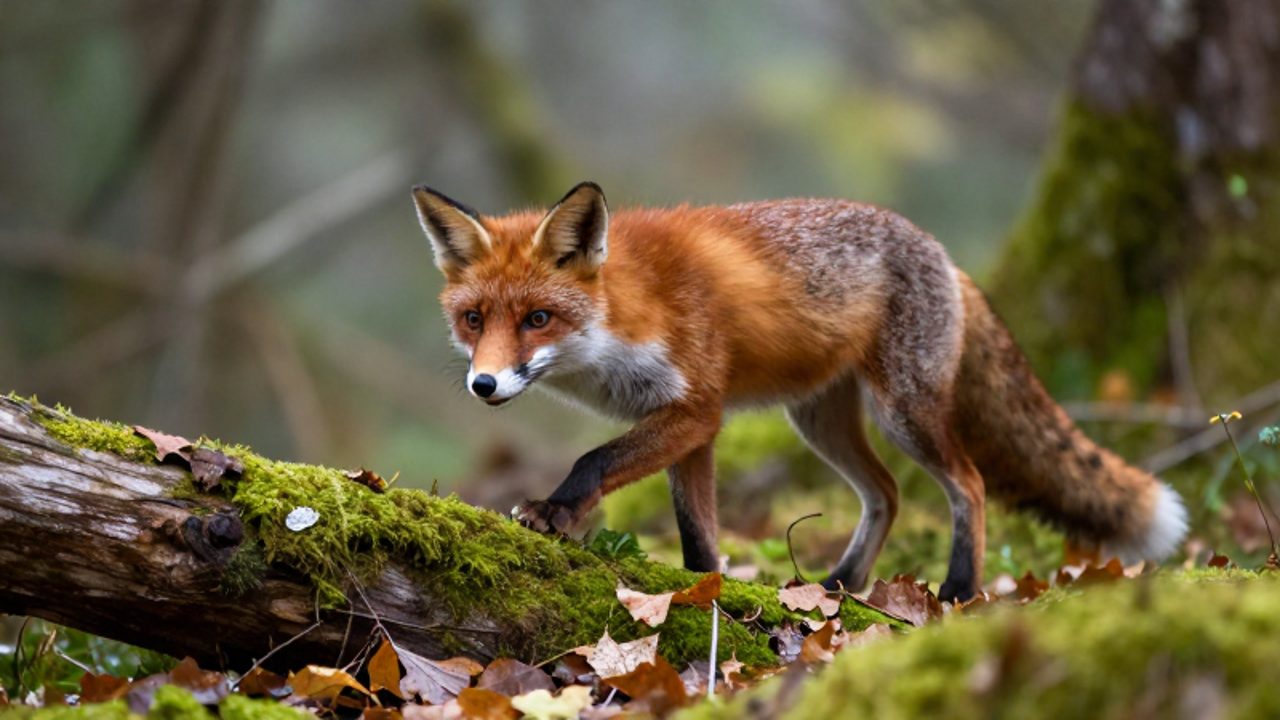 Un zorro rojo camina con cautela sobre un tronco cubierto de musgo en un bosque neblinoso con hojas otoñales.