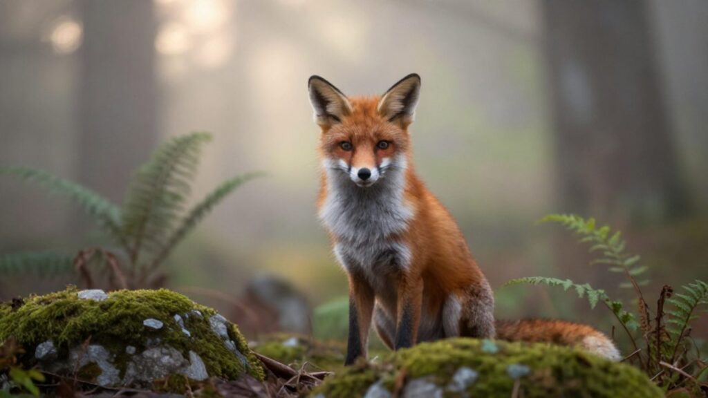 Zorro rojo con mirada alerta sentado en un bosque místico envuelto en neblina.