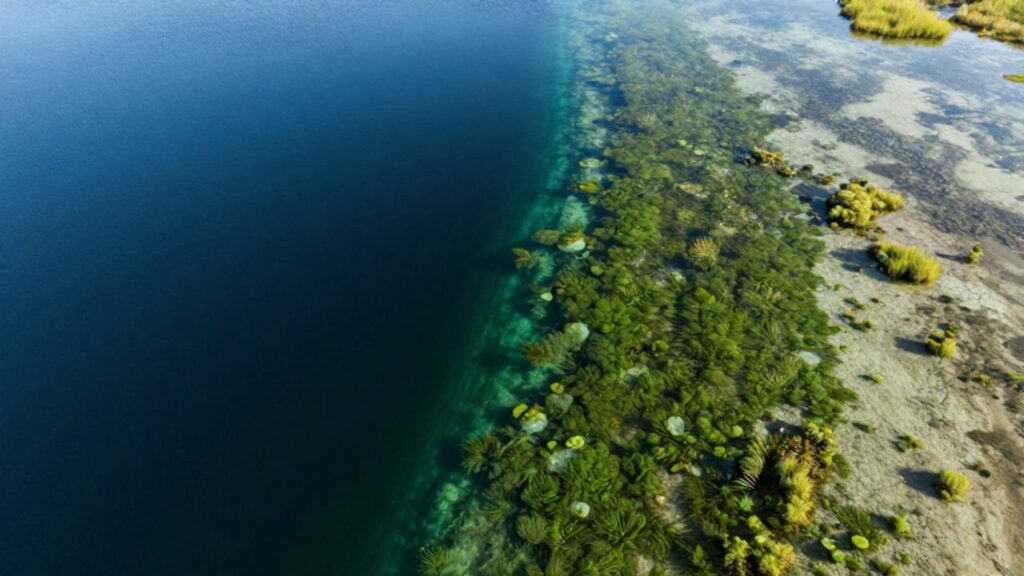 Vista aérea comparativa entre un lago de aguas azules y profundas junto a una laguna de aguas turquesas poco profundas con vegetación en el fondo.