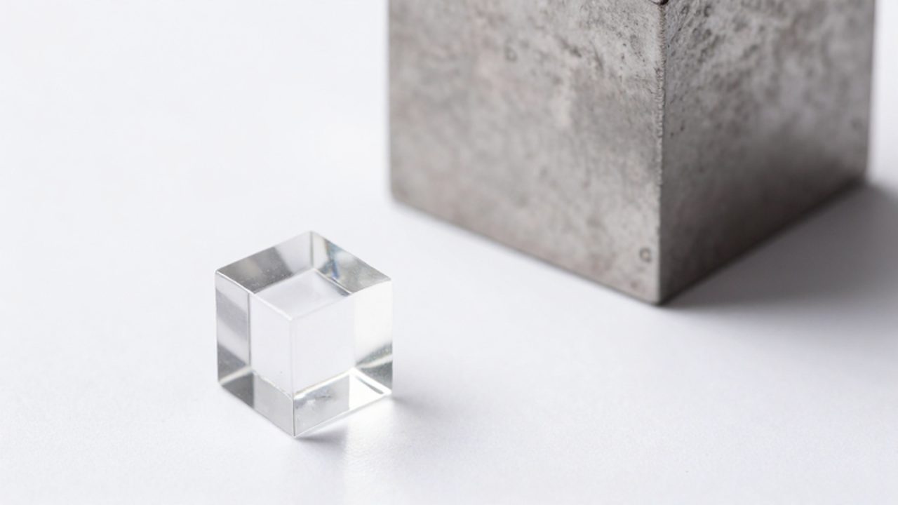 Un pequeño cubo de cristal transparente en primer plano frente a un enorme cubo metálico al fondo para comparar la diferencia de escala entre un centímetro cúbico y un metro cúbico.