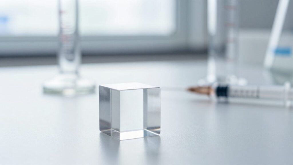 Cubo de acrílico transparente sobre un banco de laboratorio junto a una probeta y una jeringa para ilustrar el concepto de volumen.