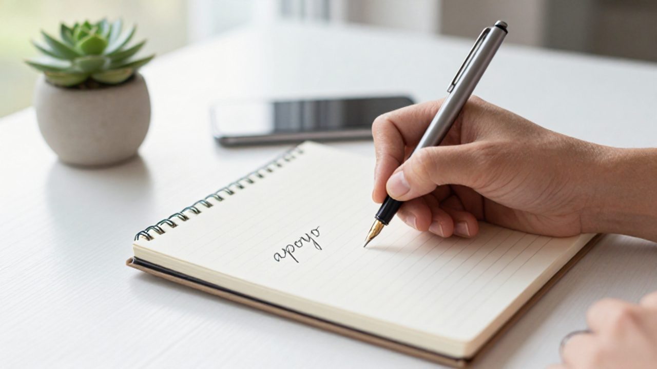 Persona escribiendo la palabra "apoyo" con pluma estilográfica en un cuaderno sobre un escritorio ordenado.