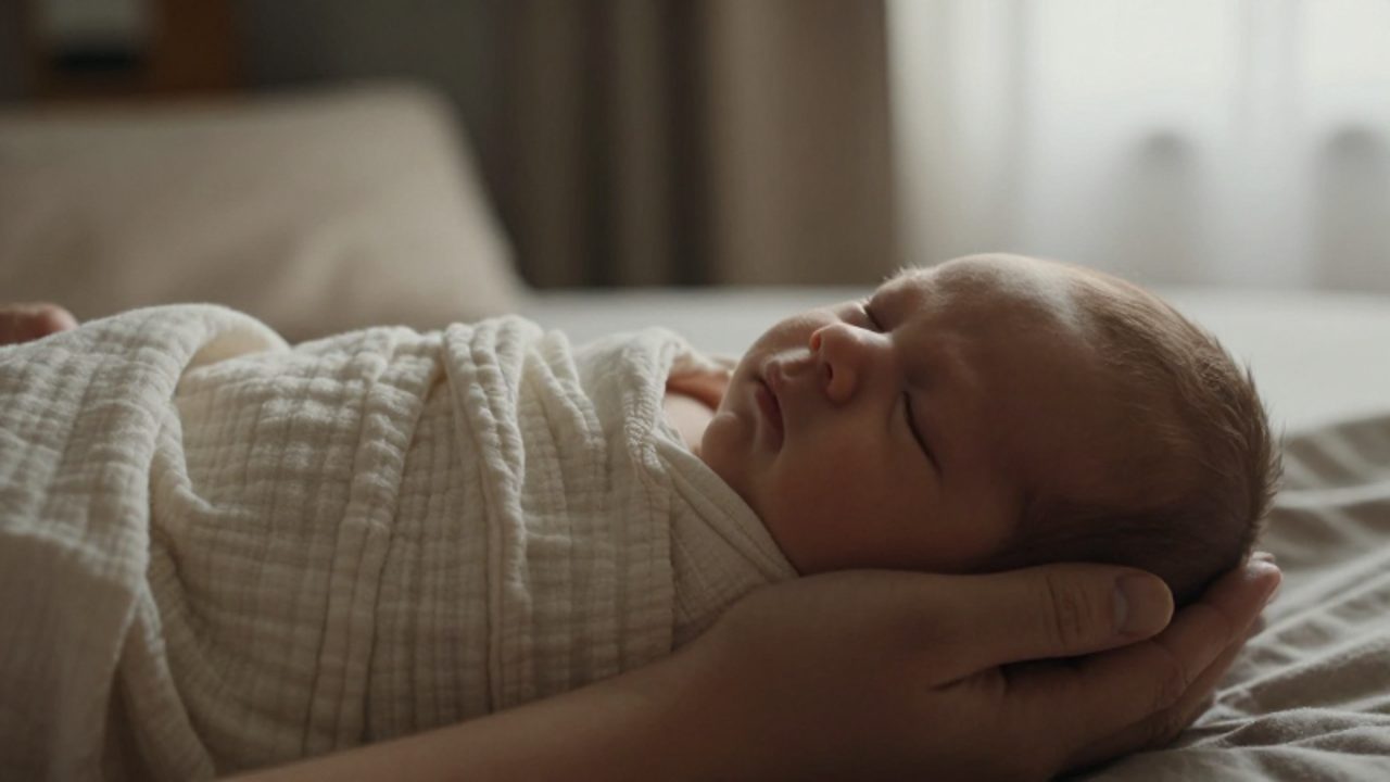Manos de un adulto sosteniendo con ternura a un bebé recién nacido que duerme plácidamente envuelto en una manta clara.
