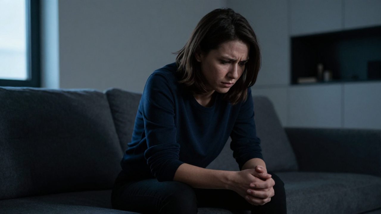 Persona sentada en el borde de un sofá en una sala en penumbra, con las manos entrelazadas y expresión de inquietud.